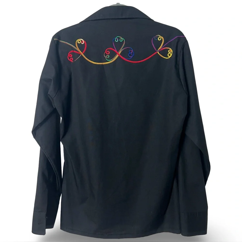 Lew Magram – Men’s Black Western Shirt Rainbow Embroidery Arrows 70s Style Sz. M